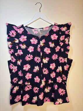 NWT Free Assembly Ruffle Sleeve Floral Blouse in Navy with Pink Flowers, size XL